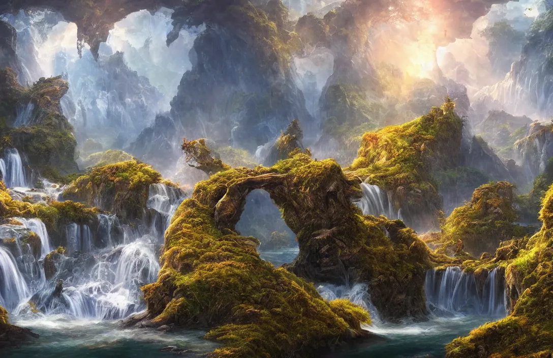 Prompt: a huge arc far away in the style of hans - werner sahm, detailed dreamscape, hyperreal phantastic, intricate details in environment, golden ratio, high aestehtic, waterfalls and lakes, cinematic light dramatic light, lightrays, flying birds in distance, trending on artstation