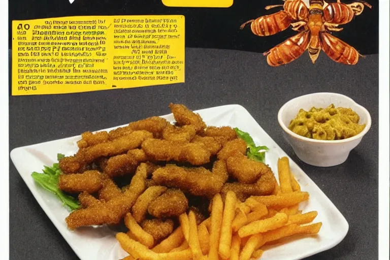 Image similar to mcdonald's fried bees with green spice meal, in 1 9 9 5, y 2 k cybercore, advertisement photo