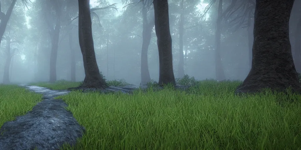 Image similar to forest, unreal engine, 4k, misty, rain