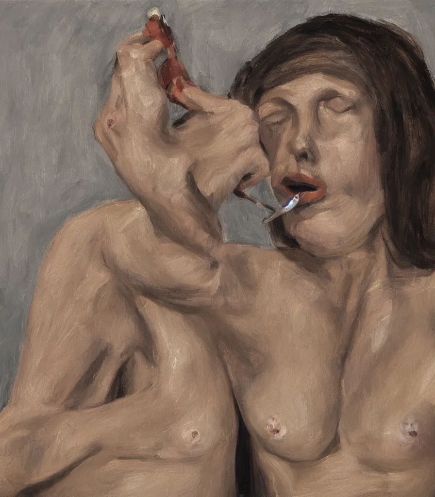 Prompt: the face and shoulders of a young woman without shirt in the style of lucian freud. smoking a cigarette. one hand is reaching behind he head. face has many wrinkles, cuts and character. he is looking down. oil painting, thick brush strokes. shadows. clean gray brown background. lit by a single light from above his head. perspective from below. 5 0 mm