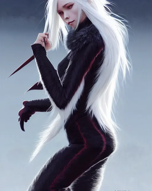 Image similar to dragon hunter wearing a fur - lined dragonhide jacket!!! beautiful and elegant white hair female!! symmetry, character concept art, sharp focus, illustration, artgerm!! greg rutkowski! wlop!! ilya kuvshinov!! charlie bowater! octane render! unreal engine 5! highly rendered!! trending on artstation!