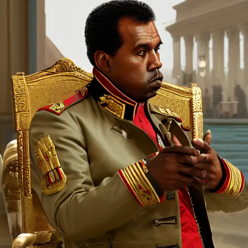 Image similar to kanye wst as muammar kadhafi as emperor napoleon in fallout, splash art, movie still, detailed face, cinematic lighting, dramatic, octane render, long lens, shallow depth of field, bokeh, anamorphic lens flare, 8 k, hyper detailed, 3 5 mm film grain