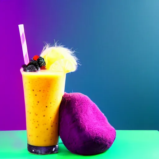 Image similar to purple plushie smoothie, furry, 4 k, neon background