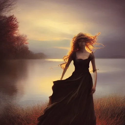 Image similar to young beautiful woman by the lake, hair waving in the wind, sunset, high detail, dramatic light, digital art, chiaroscuro, dark, painted by seb mckinnon and caspar david friedrich, trending on artstation