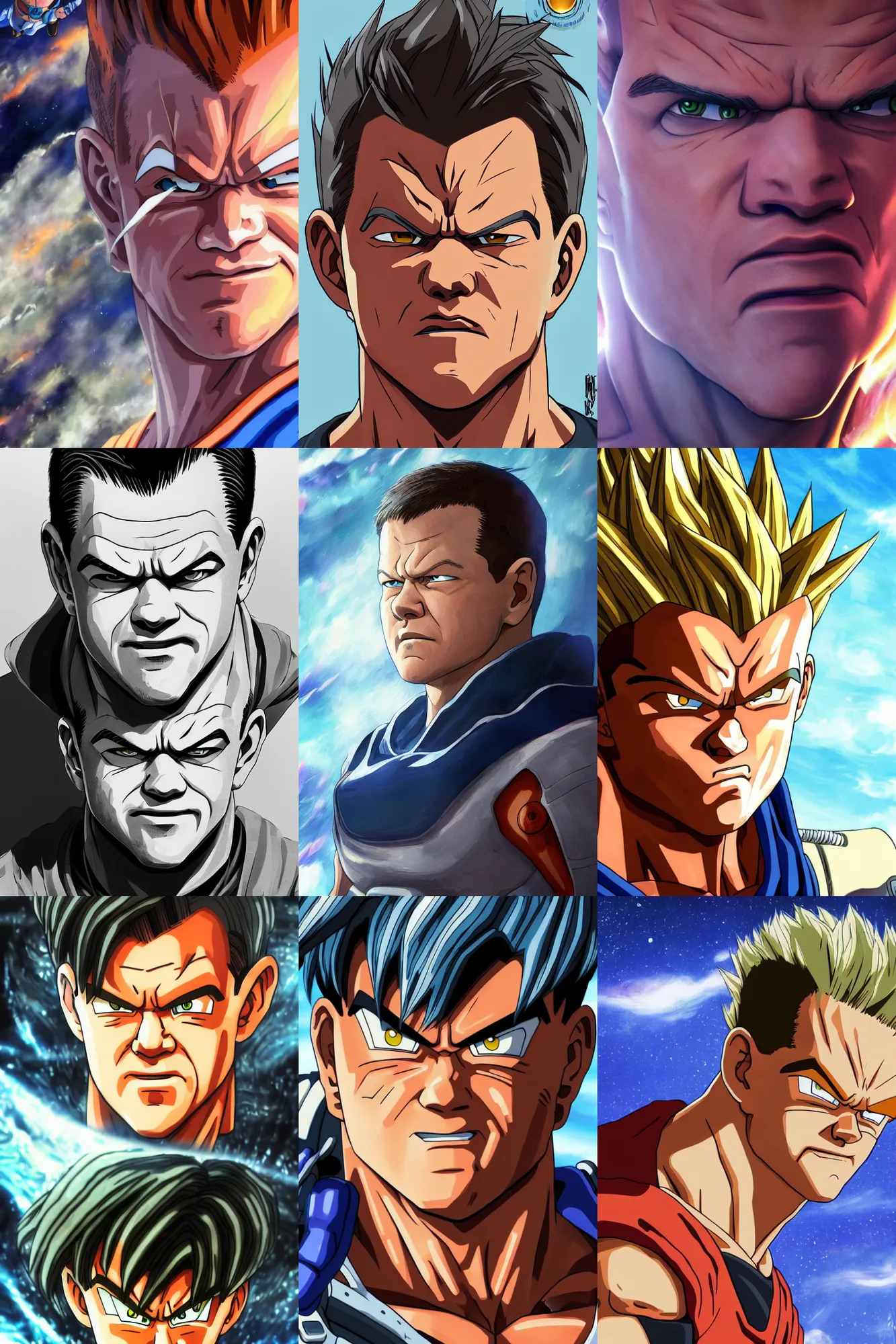 Prompt: matt damon!!! big face close up concept art of matt damon as a dragon ball character, beautiful landscape, 4 k anime character illustration by akira toriyama, artstation