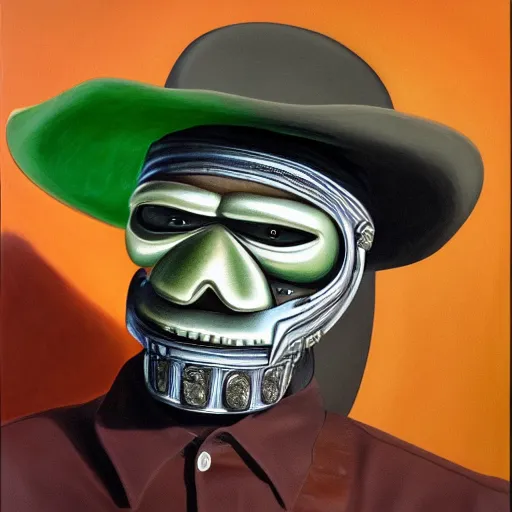 Prompt: beautiful lifelike painting of mf doom rhinestone cowboy, hyperreal detailed facial features and uv lighting, art by ed roth and basil wolverton