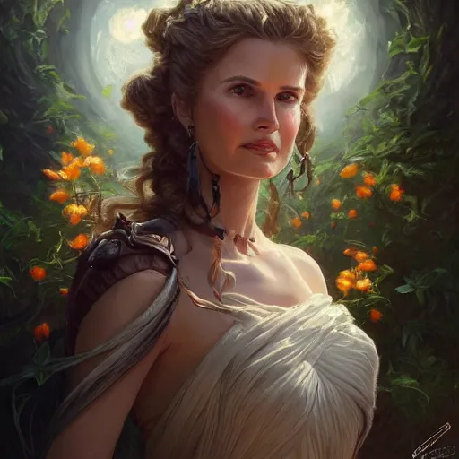 Prompt: demeter, geena davis, floral, summer, d & d, fantasy, portrait, highly detailed, digital painting, trending on artstation, concept art, sharp focus, illustration, art by artgerm and greg rutkowski and magali villeneuve