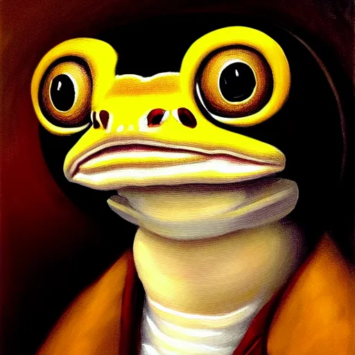 Image similar to a head and shoulders portrait painting of an anthropomorphic!!!!!!!!!! amazon milk frog!!!!!!!!!! wearing a colonial!!!!!!!!!! outfit without a hat looking off camera, a character portrait, romanticism, oil on canvas, visible brushstrokes, intense colors