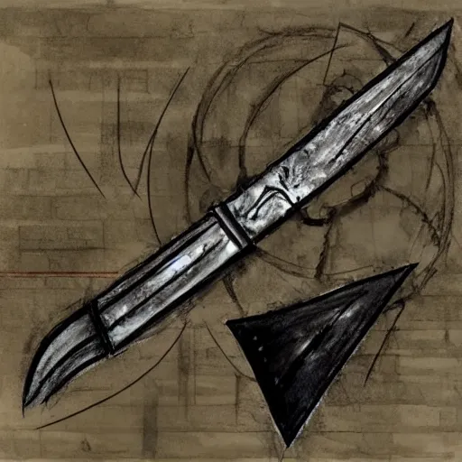 Image similar to an evil sword, on a blank background. diagonal composition ( concept art by enki bilal, museum picture )