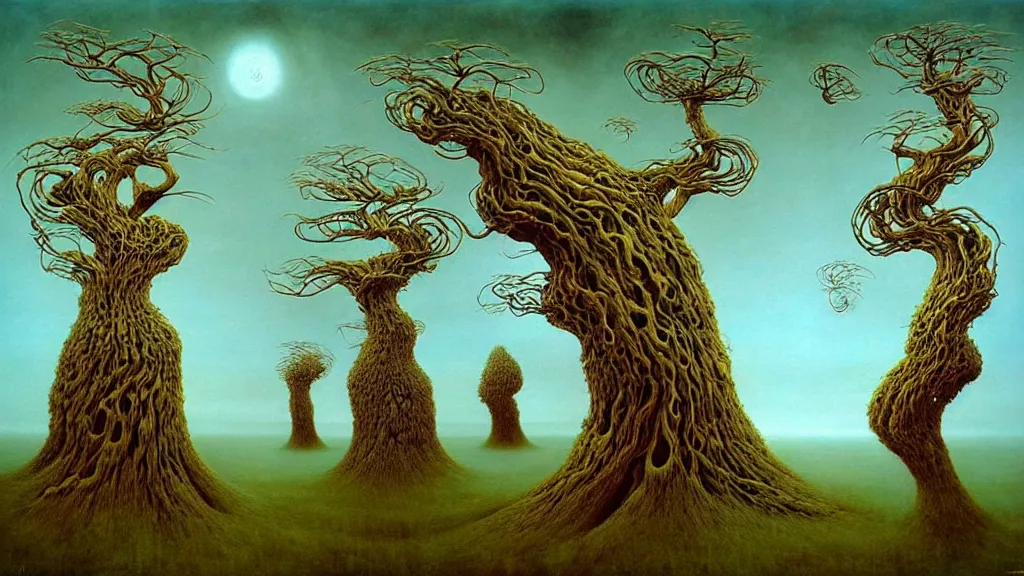 Image similar to surreal landscape, surrealism, whirling swirling trees, esao andrews, beksinski, victor enrich, dali