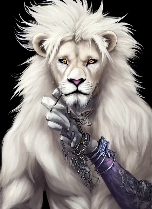 Prompt: award winning beautiful portrait commission of a male furry anthro albino lion fursona with a tail and a cute beautiful attractive detailed furry face wearing rockstar clothes on a live stage. Character design by charlie bowater, ross tran, artgerm, and makoto shinkai, detailed, inked, western comic book art