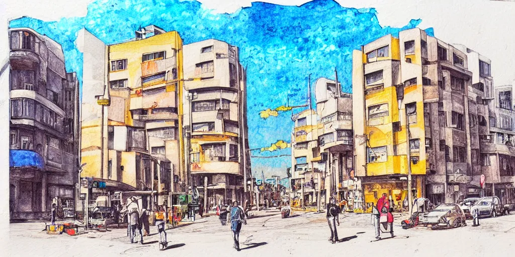 Image similar to street artists. painting of rounded bauhaus buildings in a junction in tel aviv. highly detailed. pen drawing painted with watercolors. colorful. surreal