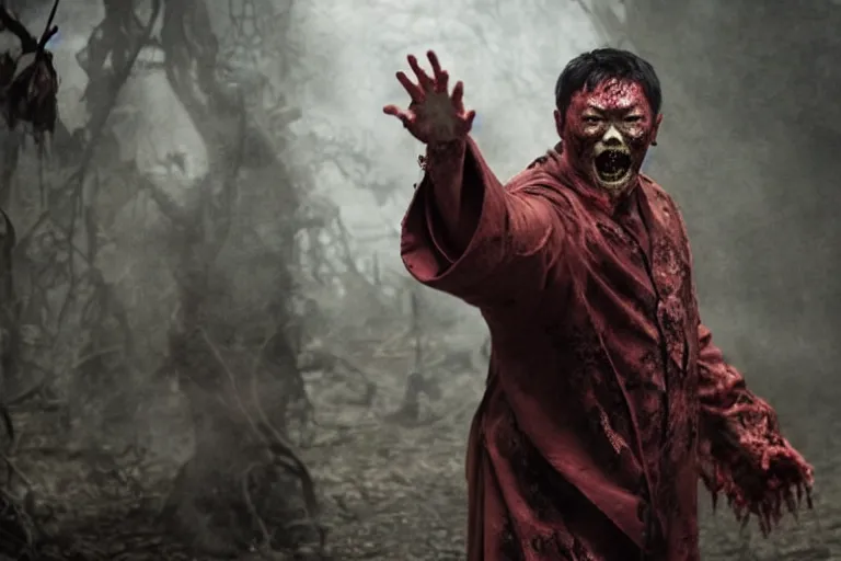 Image similar to film still of zombie zombie Benedict Wong as a zombie in full robes opening a sling portal in new avengers movie, 4k