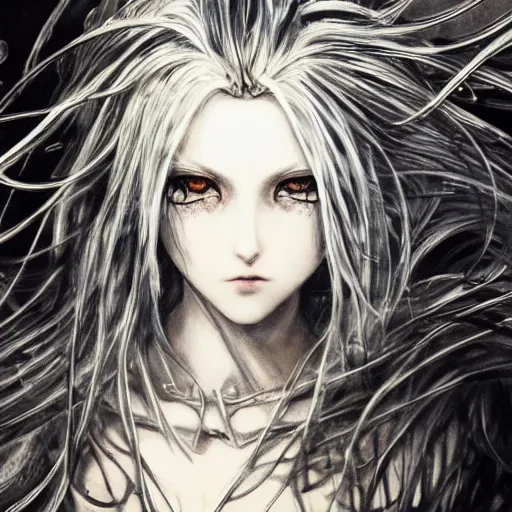 Image similar to Yoshitaka Amano realistic illustration of an anime girl with black eyes, wavy white hair fluttering in the wind and cracks on her face wearing Elden ring armour with engraving, abstract black and white patterns on the background, noisy film grain effect, highly detailed, Renaissance oil painting, weird portrait angle, blurred lost edges, three quarter view