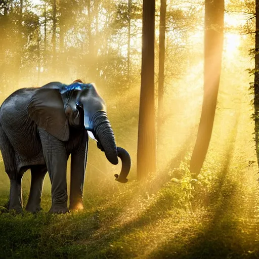 Prompt: A portrait of an elephant in a forest, natural lighting, sunbeams, golden hour, misty atmospherics