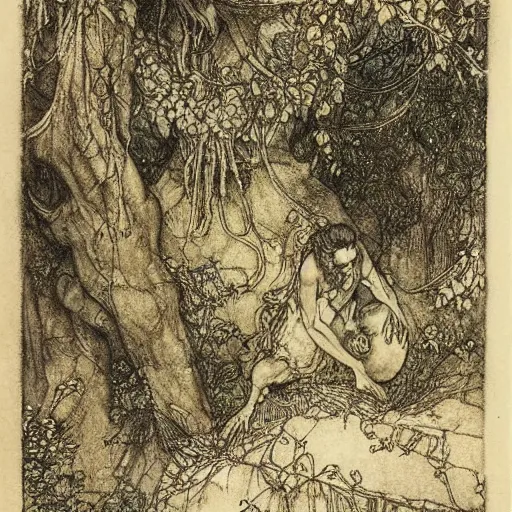 Image similar to once upon a midnight dreary, while i pondered, weak and weary, over many a quaint and curious volume of forgotten lore, by arthur rackham, highly detailed, 8 k,