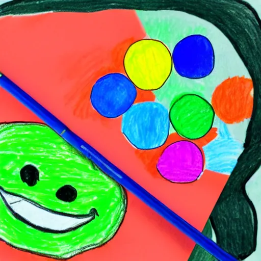Image similar to a children's drawing of a smiling happy broccoli, he is dancing, vivid bright colors, color pencils are scattered around on the paper