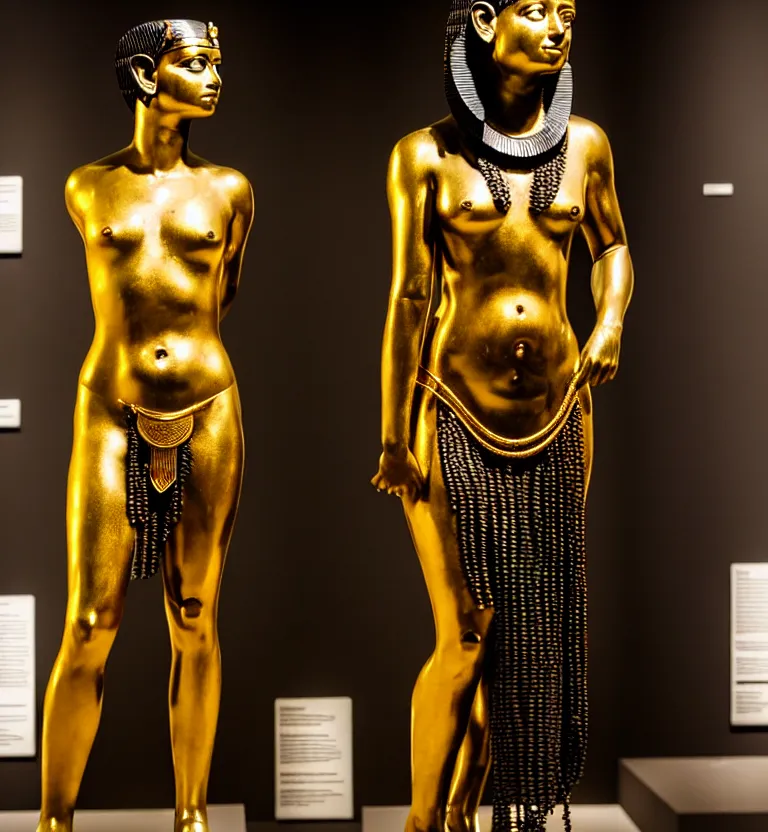 Image similar to a photo at the museum showing a black marble and gold full body sculpture of cleopatra. good quality, good light, anatomically correct, 8 k