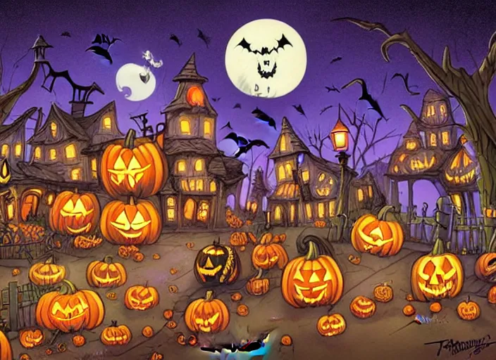 Image similar to Beautiful nostalgic digital art of a Halloween Town from Tim Burtons Nightmare Before Christmas in autumn at night by Brian Kesinger and Adrian Tomin