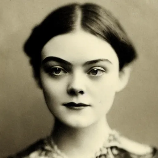 Prompt: Headshot edwardian photograph of Elle Fanning, 1910s, 1900s, 1920s, grainy, victorian, detailed, slightly blurry