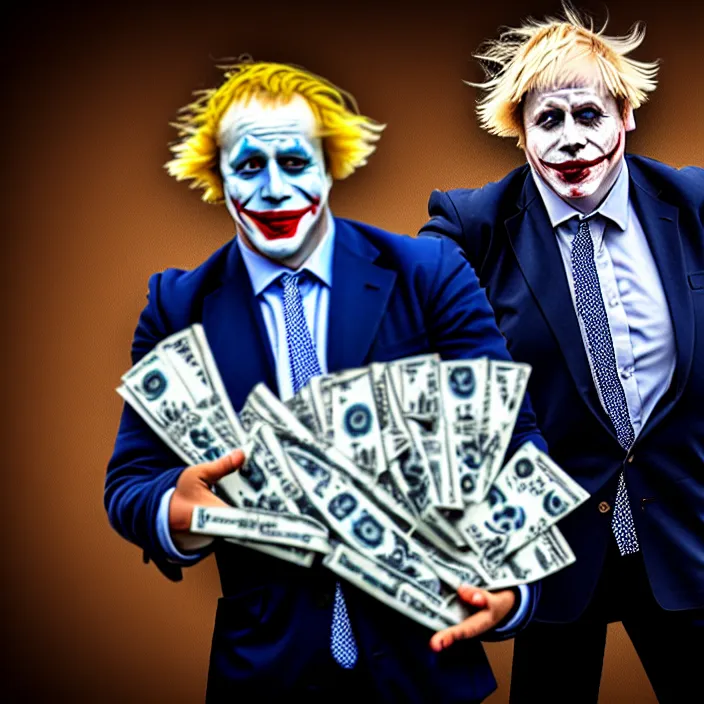 Image similar to photo of boris johnson dressed like satan and the joker holding bundles of cash, highly detailed, 4 k, hdr, smooth, sharp focus, high resolution, award - winning photo