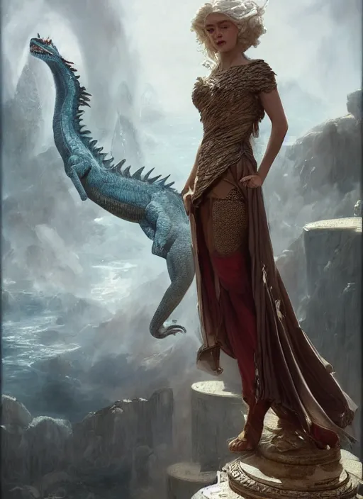 Image similar to a painting of Daenerys Targaryen in fantastic dress next to a dragon, by Jaime Jones,Tom Bagshaw,Lawrence Alma-Tadema,greg rutkowski,deviantart contest winner, fantasy art, daz3d,intricate,elegant,highly detailed,8k,digital painting,concept art, sharp focus, illustration,golden ratio