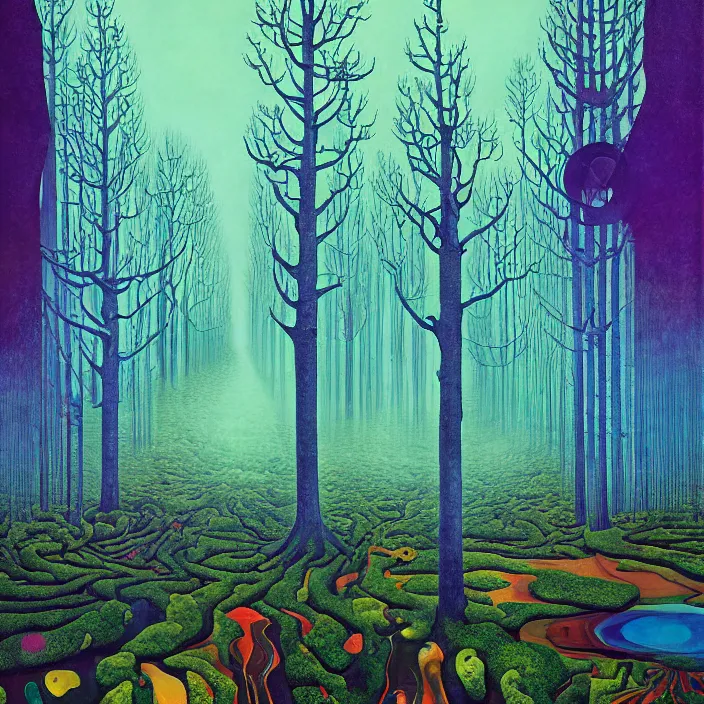 Image similar to charles burchfield art painting, beautiful arboreal forest by Adriaan Herman Gouwe, oregon washington rain forest by beeple, the sun glitchart, glitch effect sunlight, alien dream worlds, hellscape, seascape, with surreal architecture designed mega structures inspired by Garden of Earthly Delights, vast surreal landscape and horizon