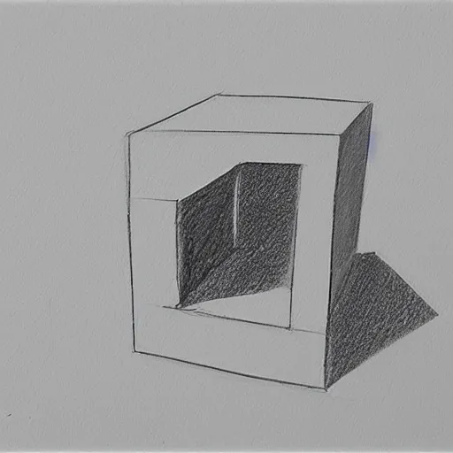 Prompt: An educational artist's demonstration of a single simple cube drawn in two point perspective. Sketch.