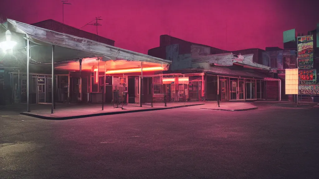 Prompt: an empty parking lout outside an abandoned retro diner at night, by lee madgwick, pink and orange neon lights, highly detailed, photorealistic, artstation trending, cryengine 8 k uhd