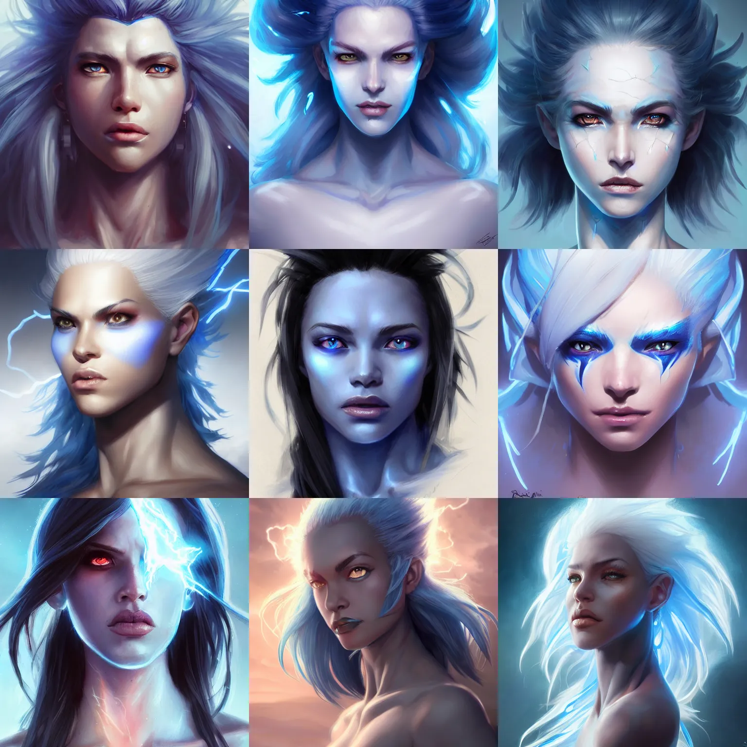 Prompt: female lightning genasi, deep blue skin, white cloud hair, art by artgerm and greg rutkowski and magali villeneuve, portrait, highly detailed, headshot, digital painting, trending on artstation, concept art, sharp focus, illustration