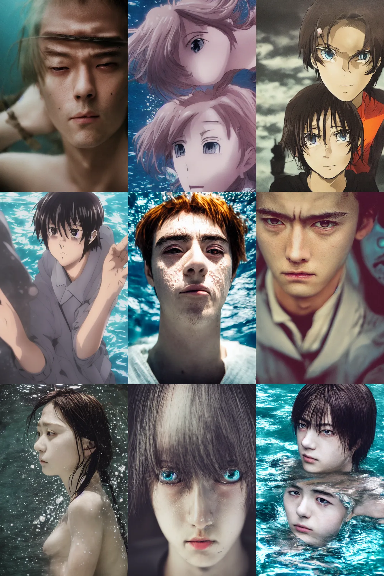 Prompt: Kodak portra 160, 8K, highly detailed, seinen manga portrait, focus on face: famous french actor in low budget anime remake, underwater scene