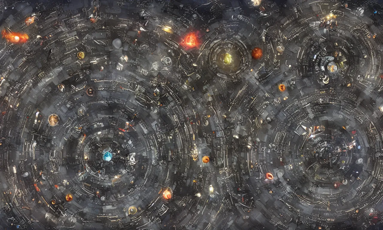 Prompt: a space junkyard forming a tilted disk around black hole, a graveyard of space stations and giant space structures vortex in black starless space, dark sci - fi game map with solid background