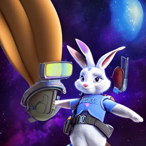 Prompt: portrait of Judy Hopps in the space with nebulae, realistic painting, high definition, digital art, matte painting, very detailed, realistic