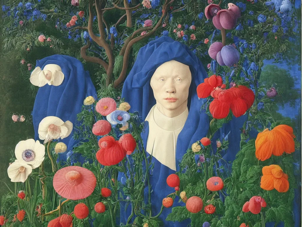 Image similar to Portrait of albino mystic with blue eyes, with beautiful exotic anemone. Landscape with orchard in bloom. Painting by Jan van Eyck, Audubon, Rene Magritte, Agnes Pelton, Max Ernst, Walton Ford