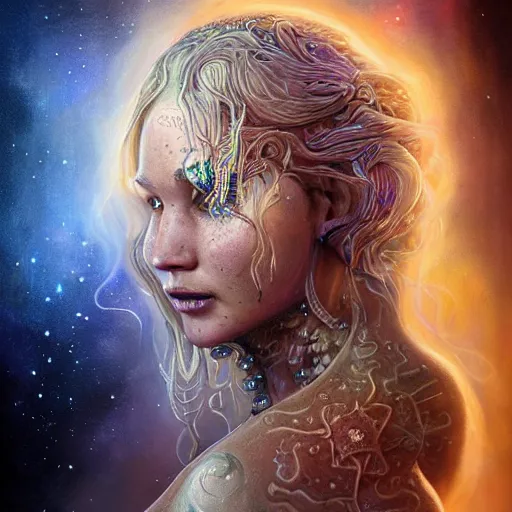 Image similar to a wlop 3 d render of very very very very highly detailed beautiful mystic portrait of a phantom cthulu priestess jennifer lawrence with whirling galaxy around, tattoos by anton pieck, intricate, extremely detailed, digital painting, artstation, concept art, smooth, sharp focus, illustration, intimidating lighting, incredible art,