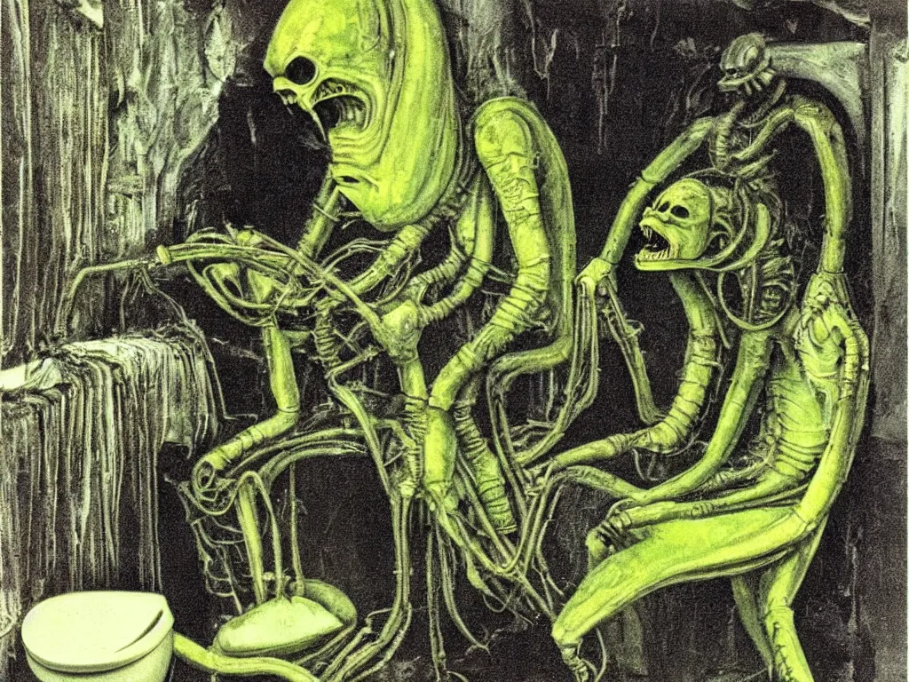 Prompt: An H.R. Giger alien sitting on the toilet. Green and yellow color scheme. A small boy crying in the corner. Production photo from 1980’s color sci-fi film.