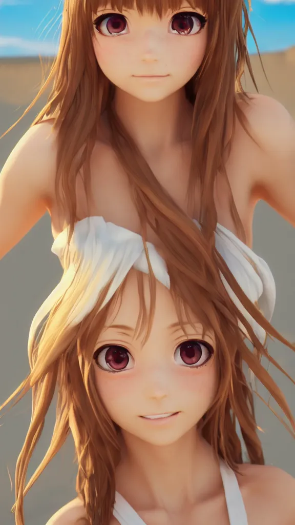 Image similar to Render of a very beautiful 3d anime girl, long hair, hazel eyes, cute freckles, full round face, short smile, cute sundress, golden hour, serene beach setting, medium shot, mid-shot, highly detailed, trending on Artstation, Unreal Engine 4k