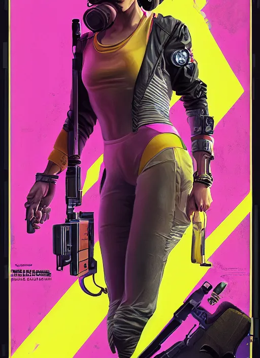 Image similar to beautiful cyberpunk female athlete wearing pink jumpsuit and yellow jacket. firing a futuristic red automatic pistol with huge magazine. ad for pistol. cyberpunk poster by james gurney, azamat khairov, and alphonso mucha. artstationhq. gorgeous face. painting with vivid color, cell shading. ( rb 6 s, cyberpunk 2 0 7 7 )