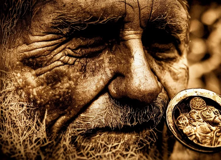 Prompt: old retro burnt out sepia photograph with scratches of an old and wrinkled man biting into a golden coin with his teeth. magical forest in the background with bokeh. Antique. High quality 8k. Intricate. Sony a7r iv 35mm. Award winning.