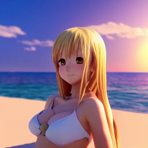 Prompt: a very beautiful 3d anime girl on the beach looking at the sun, unreal engine 5 4k render, hazler eyes, cute smile, trending on artstation, medium shot, long blonde hair