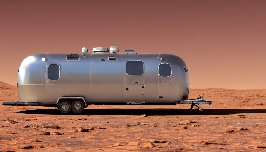 Prompt: professional photograph of an Airstream Trailer designed by Buckminster Fuller in a picturesque desert on Mars. The trailer is floating, and has no wheels. Astronauts are standing nearby, racking focus, depth of field, extreme panoramic, Dynamic Range, HDR, chromatic aberration, Orton effect intricate, elegant, highly detailed, artstation