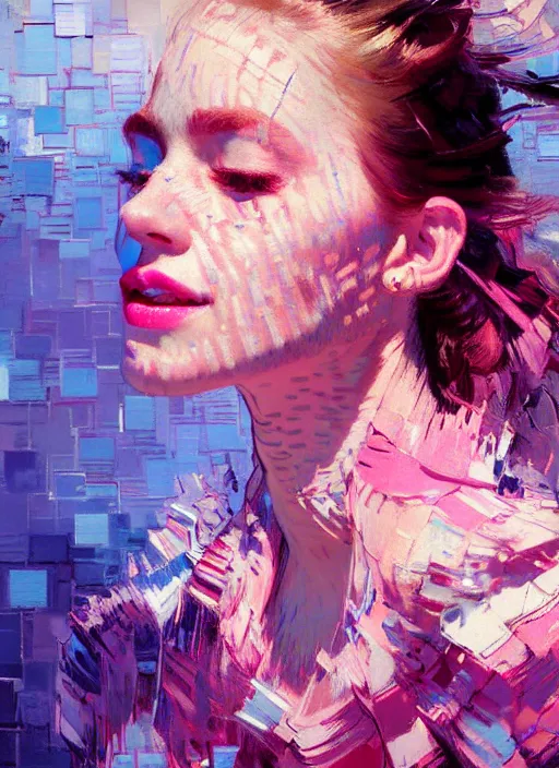 Prompt: portrait of a beautiful girl, smiling, ecstatic, dancing, eyes closed, open mouth, shades of pink and blue, beautiful face, rule of thirds, intricate outfit, spotlight, by greg rutkowski, by jeremy mann, by francoise nielly, by van gogh, digital painting