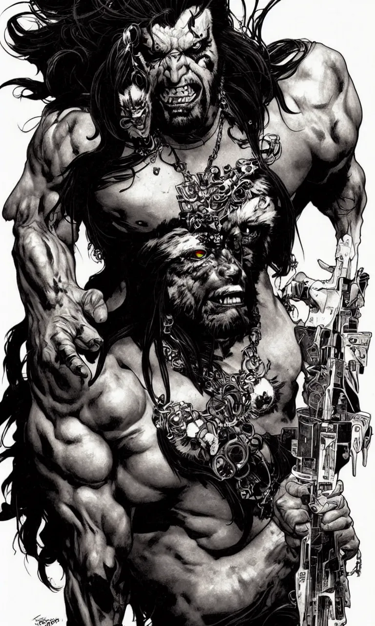 Image similar to lobo by simon bisley, photoshop, art by artgerm and greg rutkowski and alphonse mucha