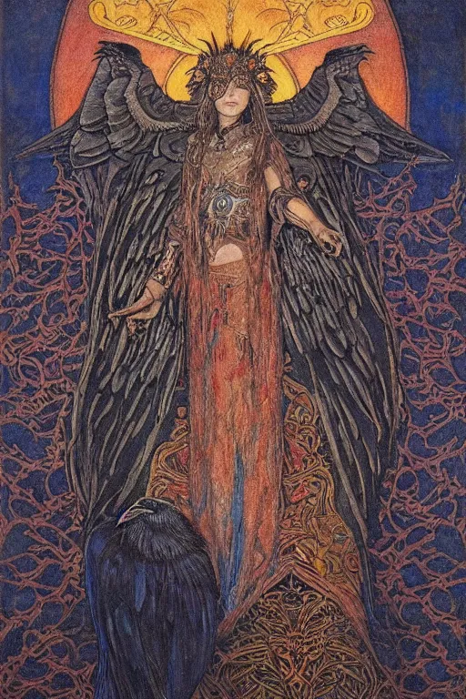 Image similar to dream of the raven king, by Annie Swynnerton and jean delville and Nicholas Roerich, embroidered brocade, tattoos, elaborate costume, geometric ornament, symbolist, rich colors, dramatic lighting, smooth, sharp focus, extremely detailed