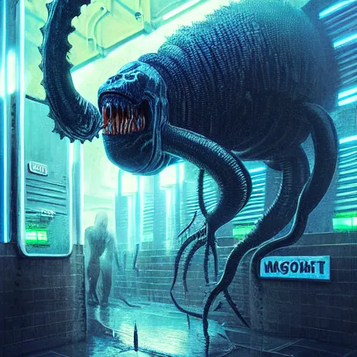 Image similar to menacing aggressive black slimy creature made out of needles, inside a gas station, aggressive harsh bright fluorescent industrial blue lighting, extremely detailed digital matte painting buy Greg Rutkowski and H.R. Giger