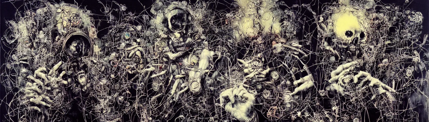 Image similar to the ghost in the machine, dense web of neurons firing, psychedelic lights and fog, guns n roses imagery, ralph steadman, banksy, zdzislaw, ayami kojima, yamamoto, barclay shaw, karol bak, hyperrealist, 8 k