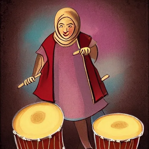 Prompt: a babushka playing drums on a stage, the drums look like giant muffins, digital art