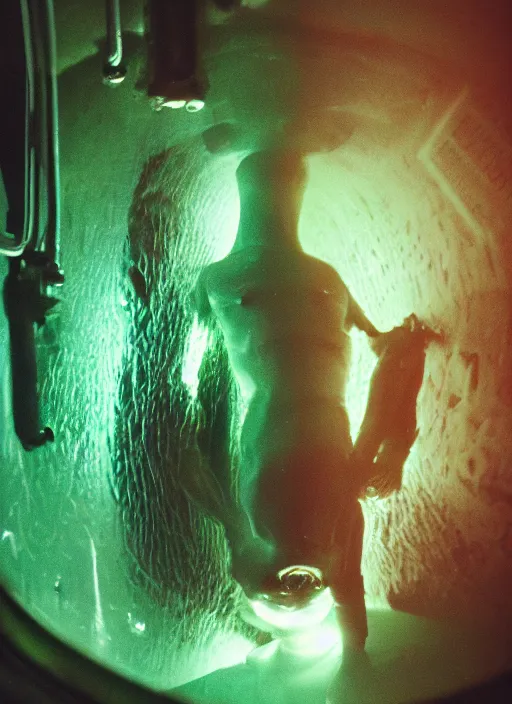 Image similar to a weird humanoid alien creature is suspended in a tank of dense liquid, tubes connecting to its body, back lit, green glow, 35mm film photography