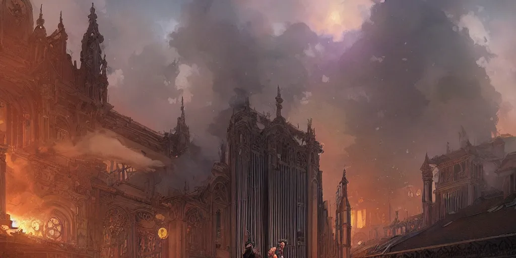 Prompt: portrait of a pipe organ facade surrounded by smoke, battle damage, sunset glow around head, full body portrait, intricate, elegant, highly detailed, digital painting, artstation, concept art, smooth, sharp focus, illustration, art by artgerm and greg rutkowski and alphonse mucha, background is a city in ruins, no people