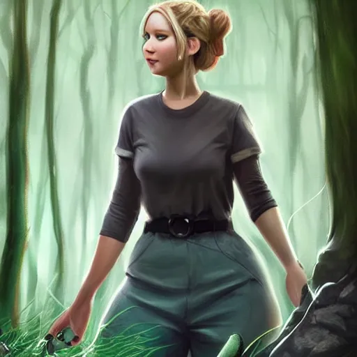 Prompt: a portrait of jennifer lawrence as a pokemon trainer, beautiful, in a dark forest, extremely detailed digital art, trending on artstation hyper realistic matte painting, pixar, by wlop, art germ